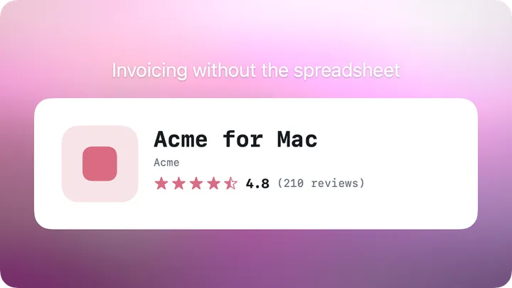 App badge card for a Mac app with a 4.8 rating and 210 reviews in a light pink template