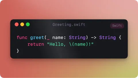 Code card with a syntax-highlighted Swift greeting function