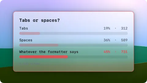 Poll card asking tabs or spaces, with vote bars and a winner