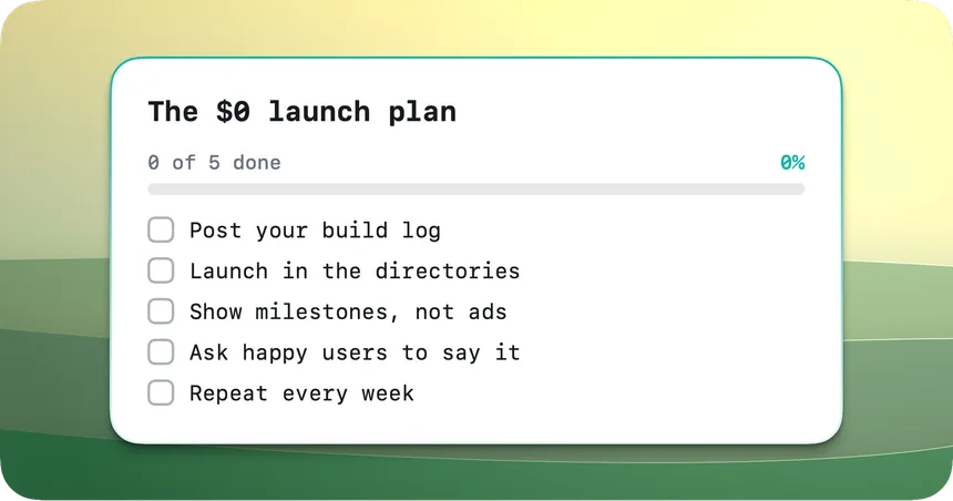 Checklist card titled The $0 launch plan with five steps, from posting a build log to repeating every week