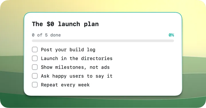 Checklist card titled The $0 launch plan with five steps, from posting a build log to repeating every week