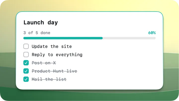 Checklist card for launch day with three of five items done and a progress bar