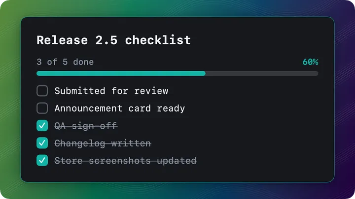 Checklist card for a release with three of five steps done and a progress bar