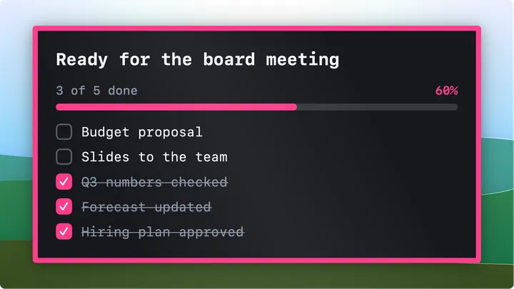 Checklist card for a board meeting with three of five items done and a progress bar