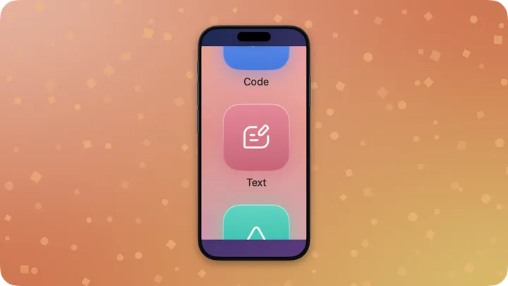 Phone mockup card showing an app screenshot in a device frame on a warm background