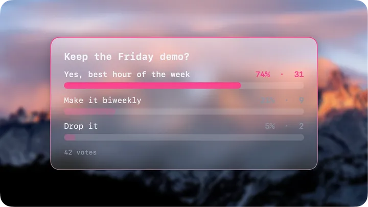 Poll card asking whether to keep the Friday demo, 74 percent voting yes