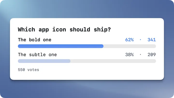 Poll card asking which app icon should ship, the bold one winning with 62 percent
