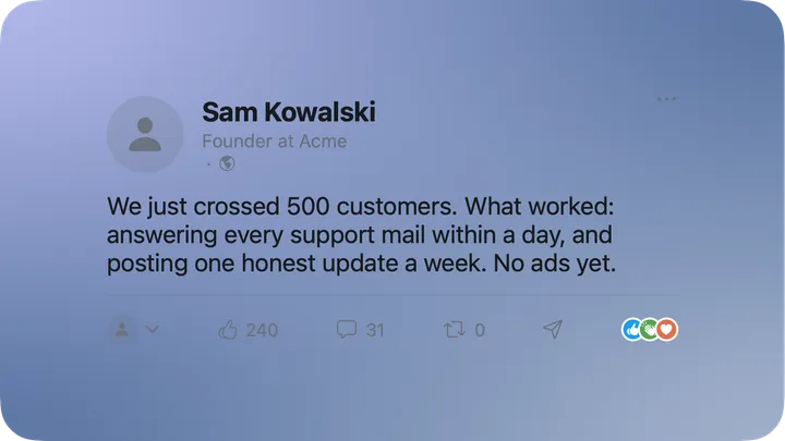 Social card of a LinkedIn post about crossing 500 customers without ads
