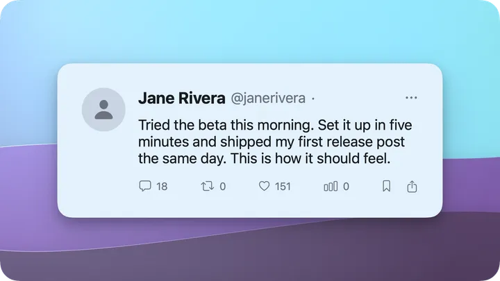 Social card of a positive X post about setting up the beta in five minutes